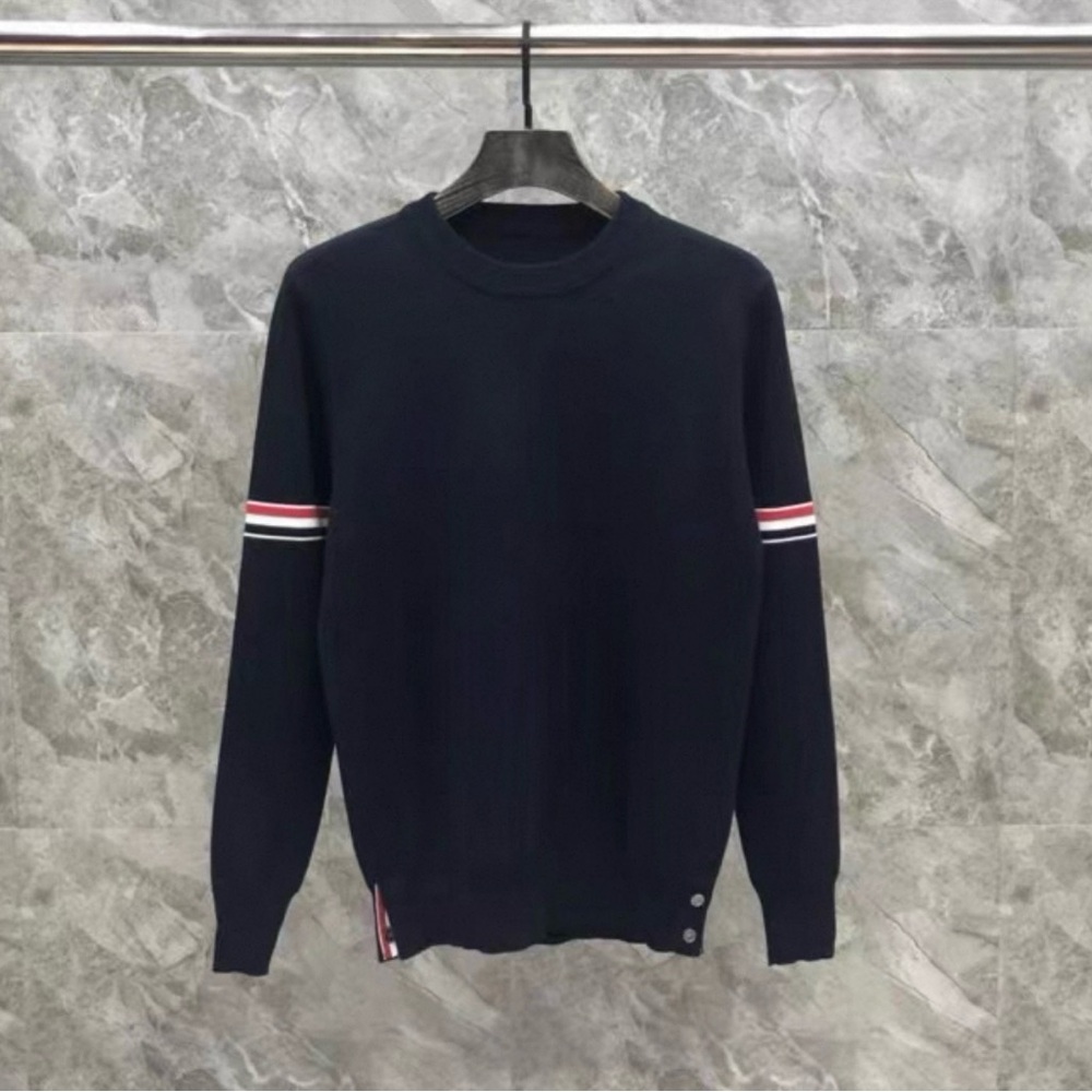 Thom Browne style Navy Blue Sweater with Striped Sleeves
